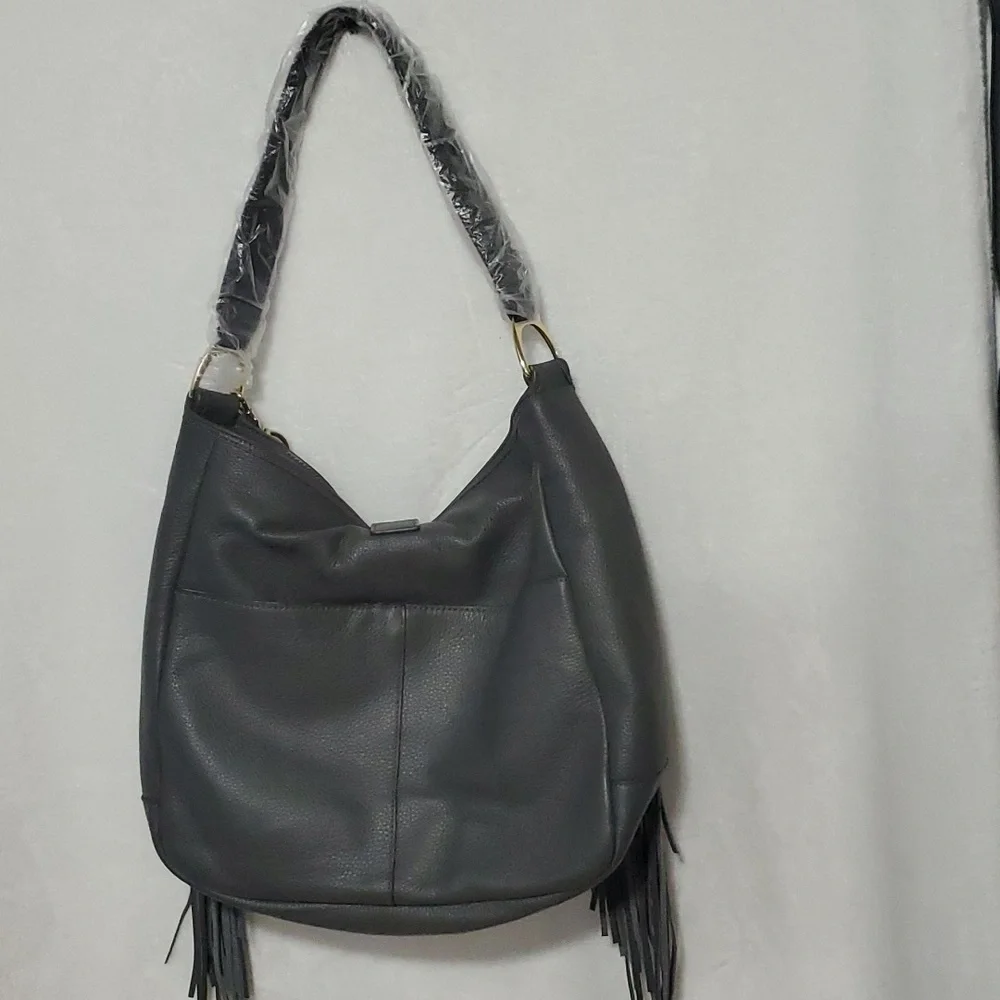 🏠 NWT G.I.L.I Got It Love It Gray Leather Fringe Bag